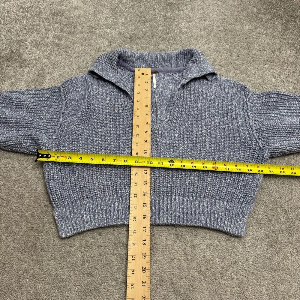 Free People Chunky Cotton Blend Collared V-Neck Sweater Women XS Blue LongSleeve